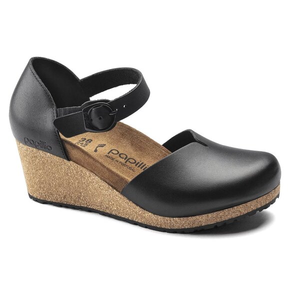 NEW Birkenstock Papillio Mary Janes, Black Leather With Cork Wedges, Size 36. - Picture 1 of 7